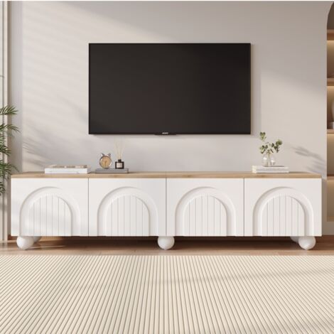 Meuble TV 180×40×45 cm, 4 étagères, 6 pieds boule métal, pour téléviseurs jusqu'à 80", finition bois et blanc
