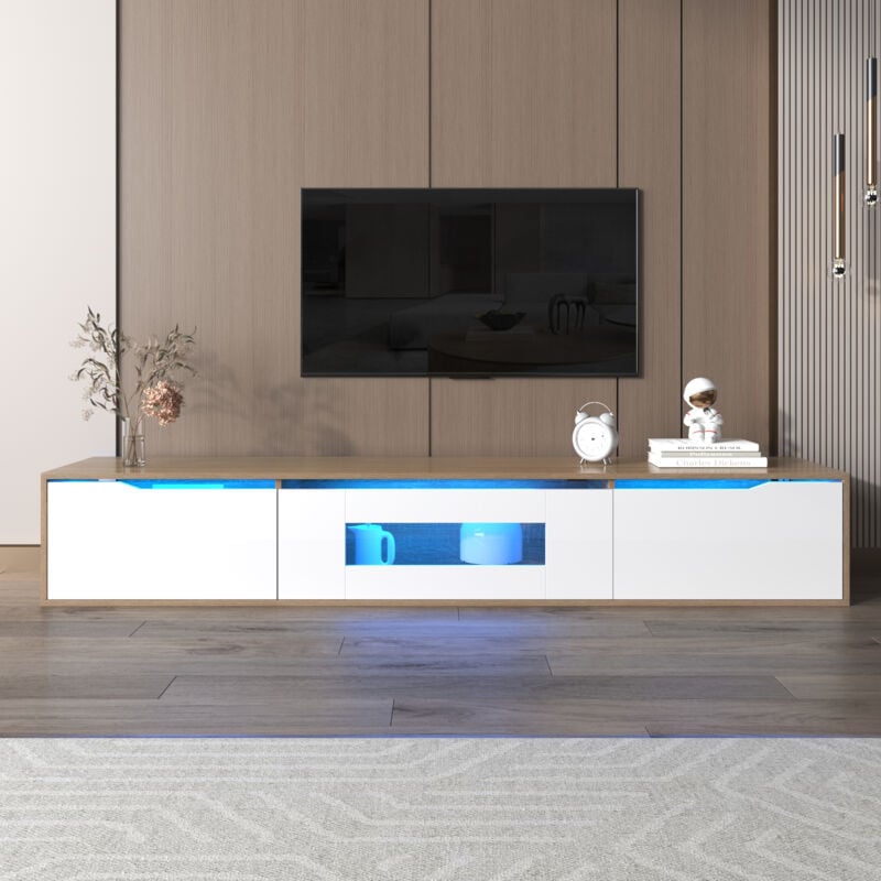 Meuble tv 180cm avec lumière led à couleurs changeantes - 3 grands compartiments - Blanc