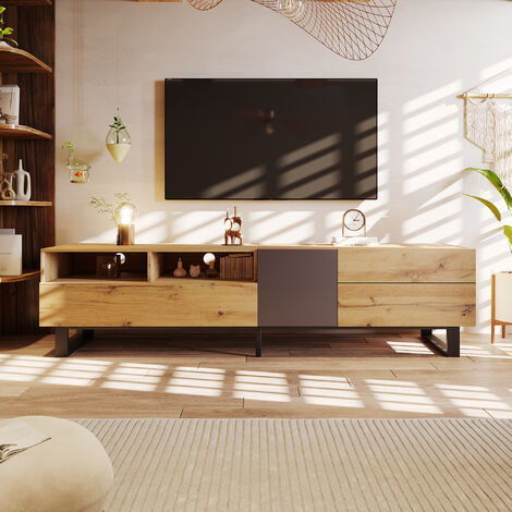 Meuble TV 180cm - finition grain bois, noir et marron coutures bicolores Banc tv - Style industriel - LBF
