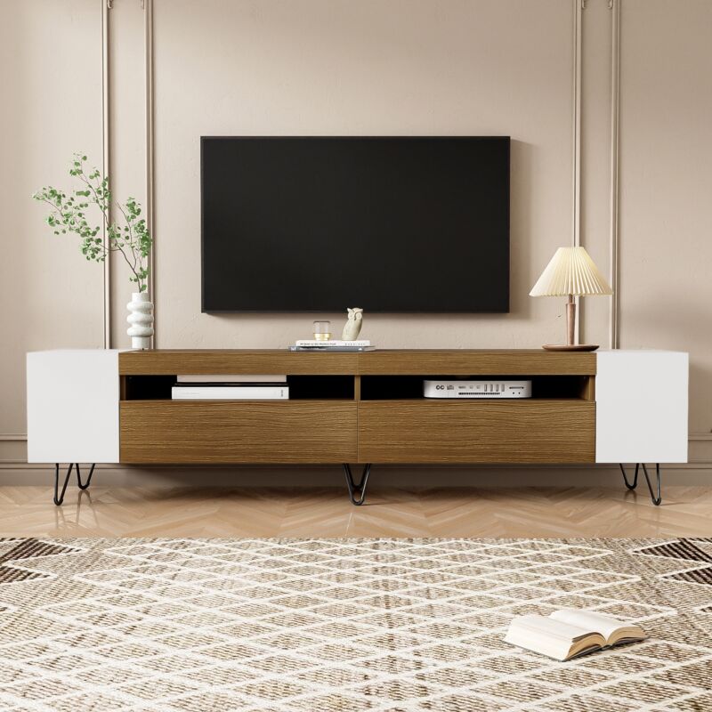 Meuble tv 180cm, pieds métal, grand espace de rangement, aspect blanc et bois, Meuble tv moderne - Blanc