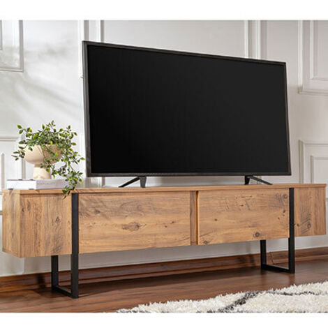 Meuble TV 180x29,5x50 cm en panneaux mélaminés naturels et noirs – 2 portes abattantes – Design ergonomique pour écran plat