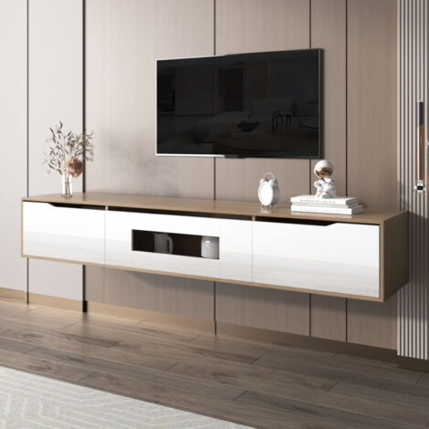 Meuble tv 180x30x35 cm,avec LED changeantes,scandinave,finition brillante,blanc et noir