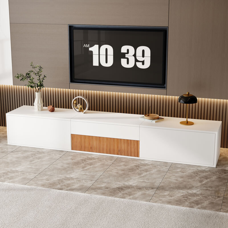 Meuble TV 180x34x30 cm avec support projecteur coulissant, portes et niches de rangement, panneau blanc
