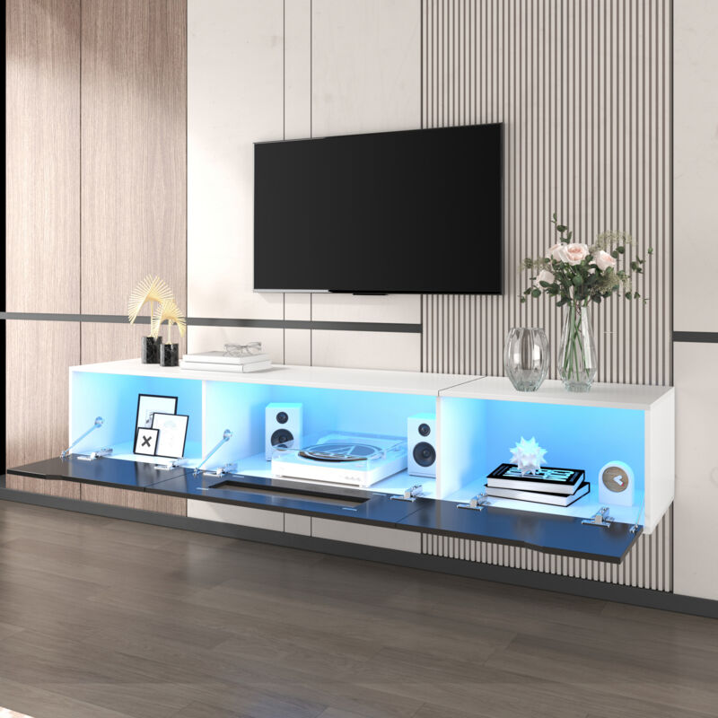 Meuble TV 180x35x30cm design moderne panneau de particules laqué brillant noir et blanc éclairage LED 16 couleurs