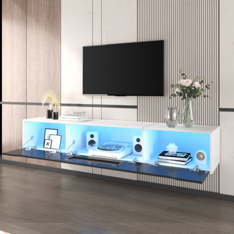 Meuble TV 180x35x30cm design moderne panneau de particules laqué brillant noir et blanc éclairage LED 16 couleurs
