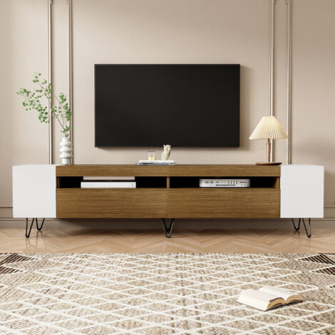 Meuble tv 180x36x43 cm,avec deux portes et compartiments latéraux,style moderne,blanc et bois naturel