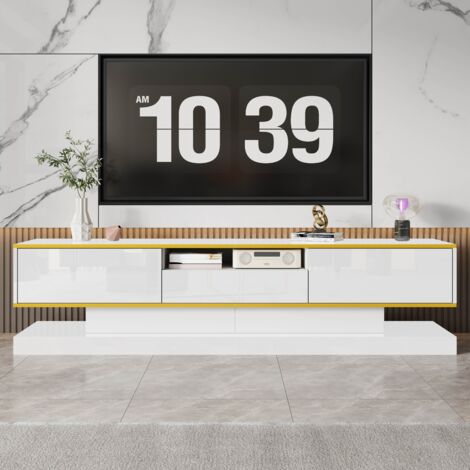 Meuble TV 180x38x45 cm,avec trois tiroirs et un compartiment ouvert, éclairage LED à changement de couleur, scandinave,blanc