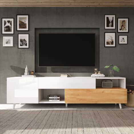 Meuble TV 180x38x50 cm, Banc Télé avec 1 Tiroir, 2 Espaces de Rangement Ouverts – Meuble en Bois pour Salon, Compatible avec Télévision de 65 à 75 pouces