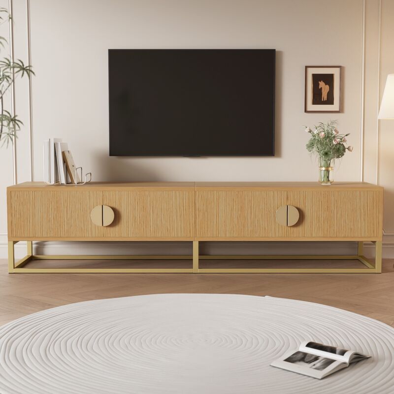 Eifson - Meuble tv 180x40x40 cm, meuble tele, avec 4 portes, poignées semi-circulaires, pieds dorés, veinage bois, convient pour salon et chambre