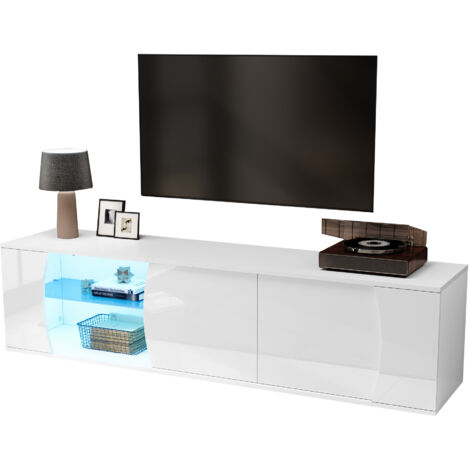 Meuble tv 180x40x45 cm avec 3 portes verre trempé éclairage led, lowboard moderne meuble multimédia pour téléviseur jusqu’à 80 pouces, verre