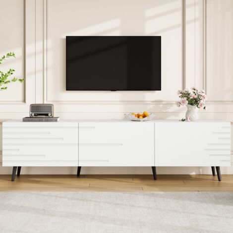 Meuble TV, 180x40x48 cm, avec 3 portes à charnières, meuble bas, support TV, MDF, design imprimé, pour les téléviseurs d'environ 80 pouces, blanc