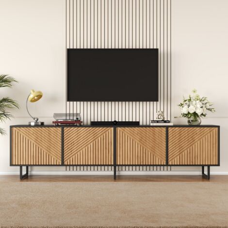 Meuble TV 180x40x50 cm 4 portes bois thermoformé salon compatible TV 80 pouces naturel noir
