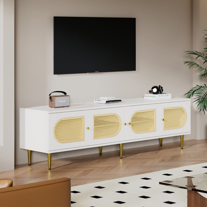 Hauss Spole - Meuble tv 180x40x50 cm - 4 portes en rotin, étagères réglables, passe-câbles, pour téléviseur jusqu'à 80', blanc