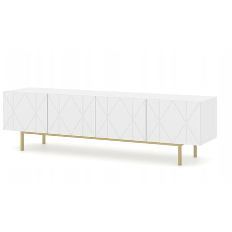 Meuble TV 180x42x51 cm meuble Hi-fi luxueux sur pied doré KAYRA blanc brillant