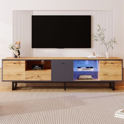 Meuble TV 190 cm, avec effet LED, cloison vitrée, charnières amorties, avec trois portes, trois compartiments et un tiroir, design style industriel - Coloris noyer
