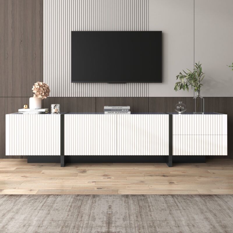Dans Les Nuages - Meuble tv 190 cm, avec led, 3 portes de rangement, motif marbre, étagère en verre, pieds en métal, scandinave, Meuble de salon en