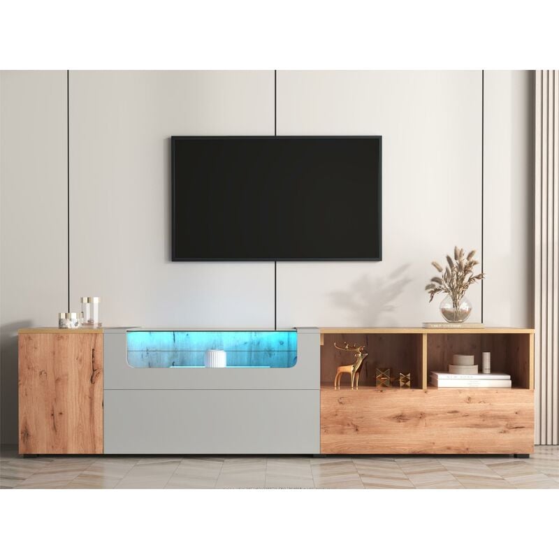 Modernluxe - Meuble tv 190 cm - avec led et espace d'exposition en verre - style campagnard - gris clair & naturel