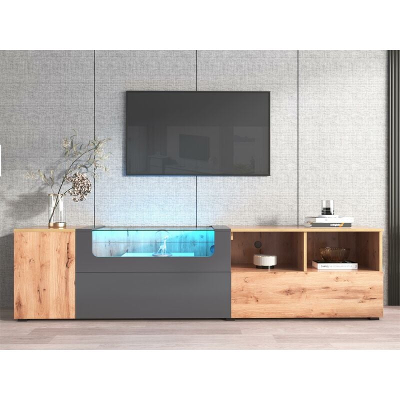 Modernluxe - Meuble tv 190 cm - avec led et espace d'exposition en verre - style campagnard - gris & naturel