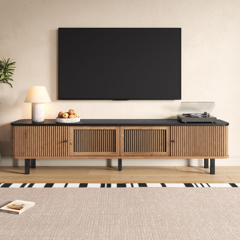 Meuble TV 190 cm, Banc Télévision, Design Moderne avec 2 Portes Coulissantes et Façades Grillagées, Grand Espace de Rangement, Pieds en Métal, Nature
