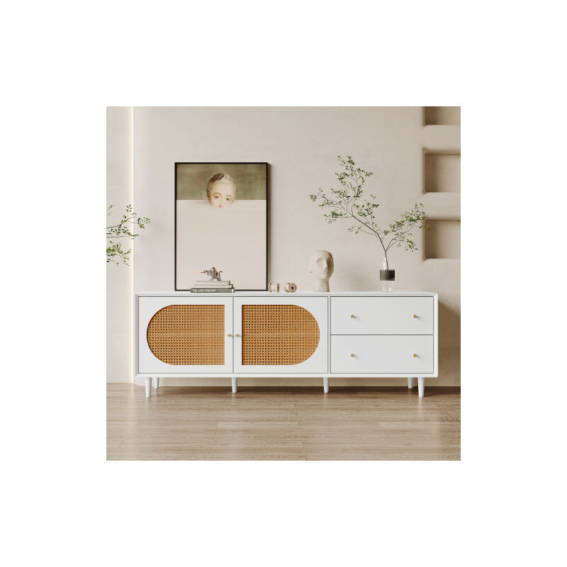 Modernluxe - Meuble tv 180cm - pieds en bois massif - 2 tiroirs - en rotin pe - Blanc
