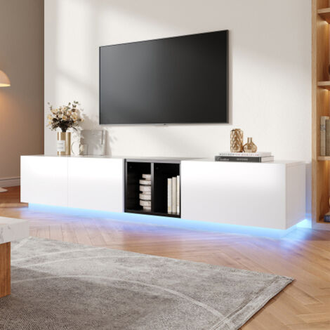 Meuble TV 190 cm noir et blanc avec 1 tiroir, LED et compartiments ouverts, durable et facile à nettoyer