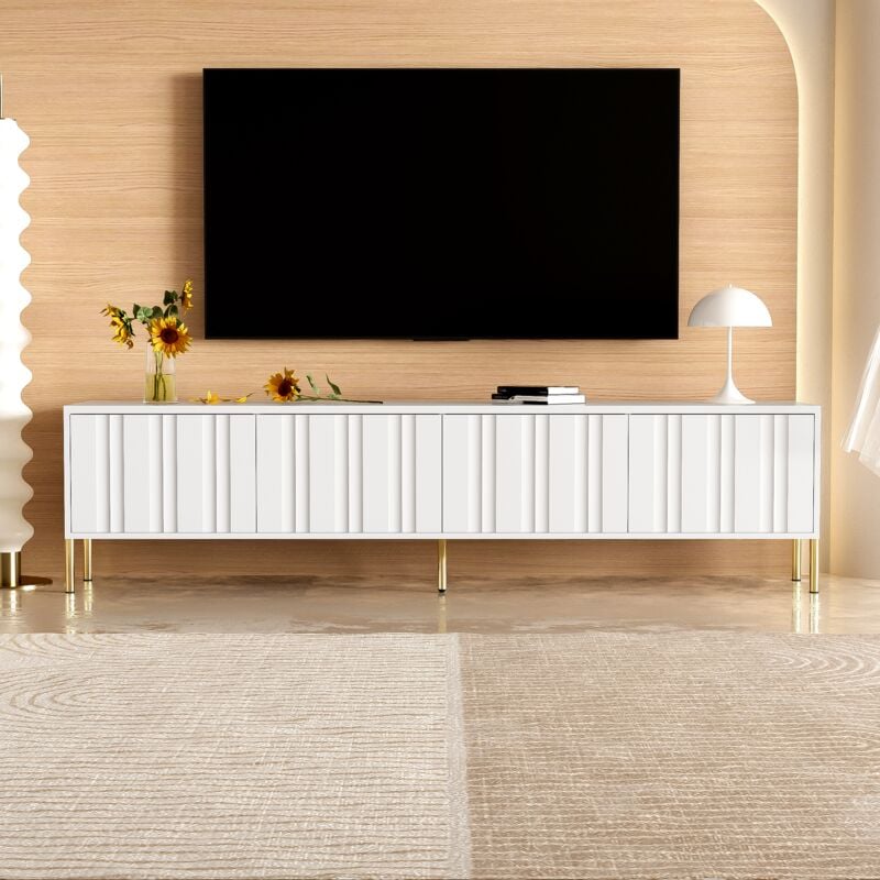 Hauss Spole - Meuble tv 190 x 38 x 48 cm, 4 portes, multiples rangements, pieds de table dorés, design de porte rainurée, mdf, blanc