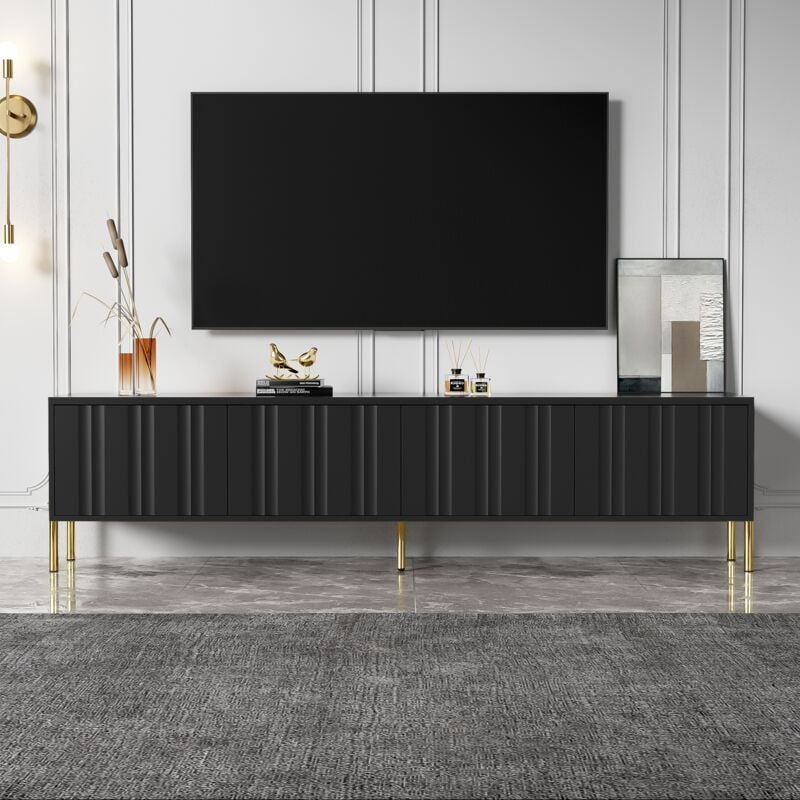 Hauss Spole - Meuble tv 190 x 38 x 48 cm, 4 portes, multiples rangements, pieds de table dorés, design de porte rainurée, mdf, noir