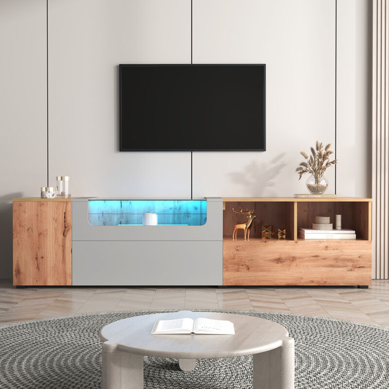 LBF - Meuble tv 190cm, avec éclairage led, façade en verre, 3 portes, compartiments multiples, coloris bois naturel - gris clair