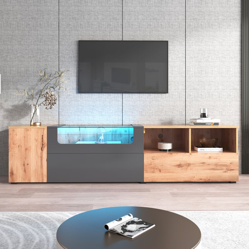 LBF - Meuble tv 190cm, avec éclairage led, façade en verre, 3 portes, compartiments multiples, coloris bois naturel - gris foncé
