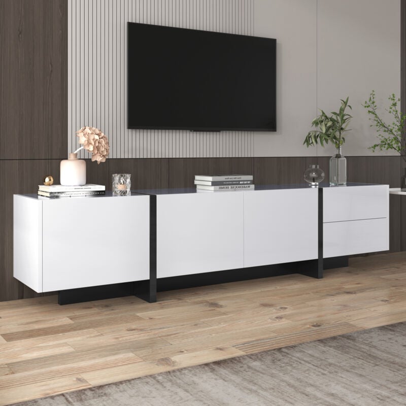 Neche - Meuble tv 190cm brillante blanc et noir,5 compartiments de rangement et 2 tiroirs,Grand espace de rangement,Design simple