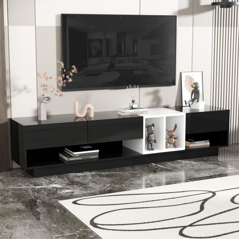 Meuble tv 190cm Design à blocs de couleur avec 3 tiroirs et étagères ouvertes, noir - noir