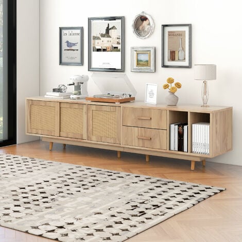 Meuble TV 190cm en rotin pour 80" tv en bois - 2 tiroirs et 2 compartiments - Naturel