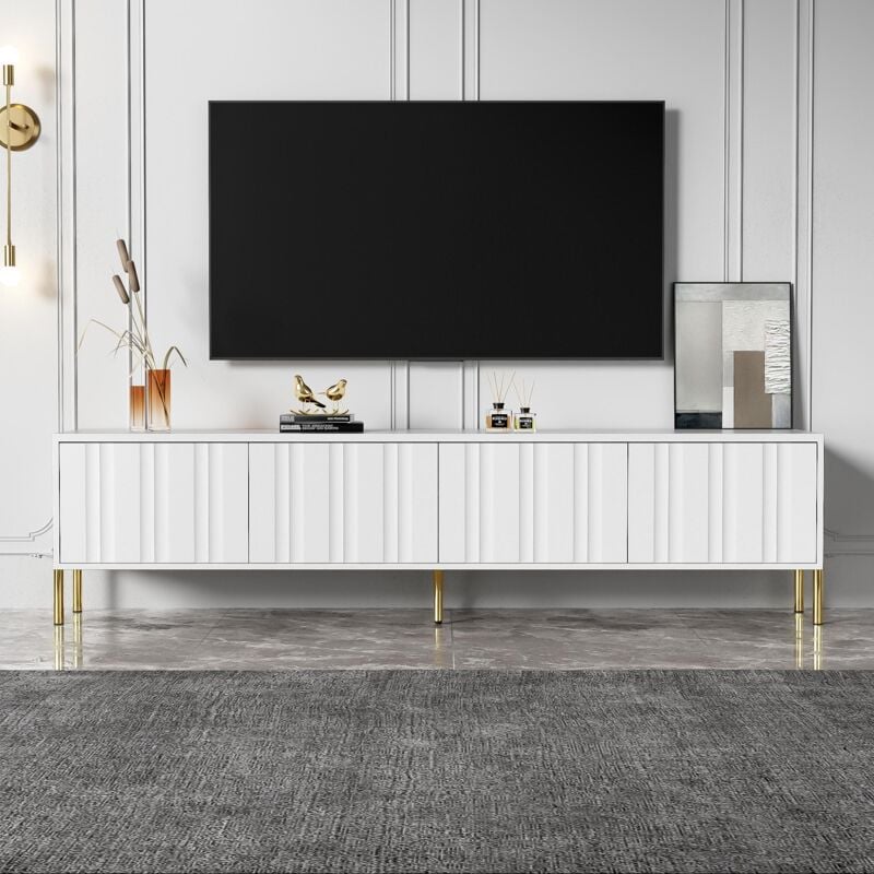 Tanant - Meuble tv 190cm - mdf, Meuble de télévision avec 4 cloisons, décor rayé, charnières de sécurité, pieds dorés, adapté pour salon, chambre