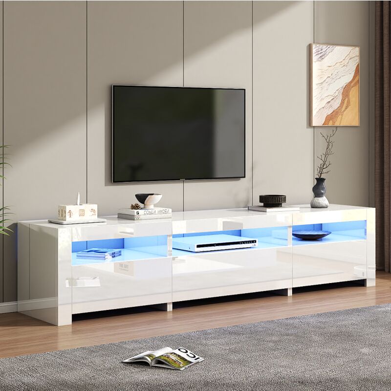 Okwish - Meuble tv 190x24x40 cm avec éclairage led et espace de rangement, peut accueillir des téléviseurs de 80 pouces,avec porte rabattable, blanc