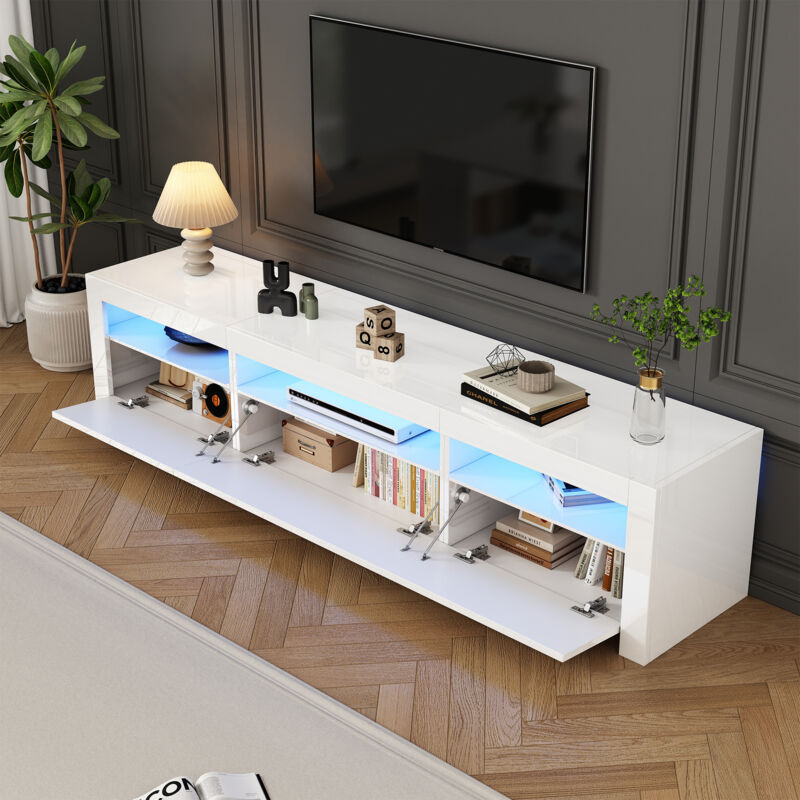 Hauss Spole - Meuble tv 190x24x40 cm, pour tv 80', avec led, rangement, portes abattantes, blanc