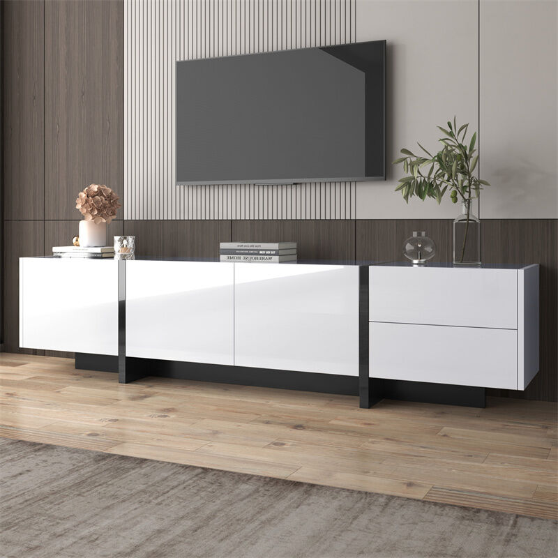 Fortuna Lai - Meuble tv 190x35x45cm, avec 3 portes et 2 tiroirs, étagères intérieurs, brillant, style moderne, design linéaire simple, blanc