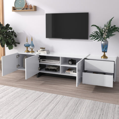 Meuble TV 190x35x45cm design bicolore laqué panneau de particules rangement blanc et noir
