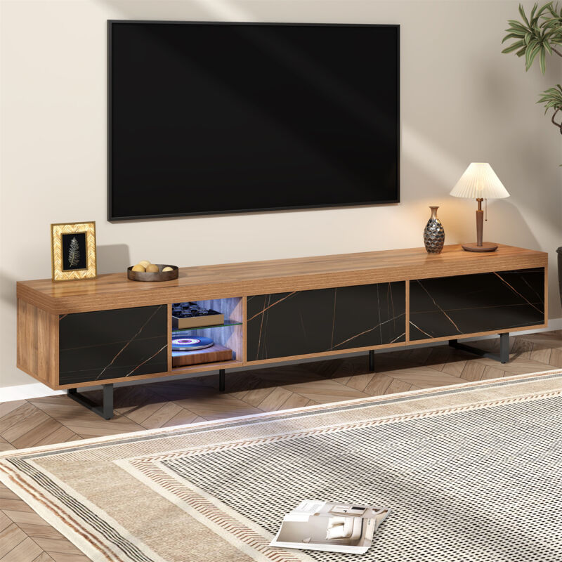 Fortuna Lai - Meuble tv 190x38x43cm - lowboard avec surface en marbre, avec verre et éclairage led, porte en noir - Naturel