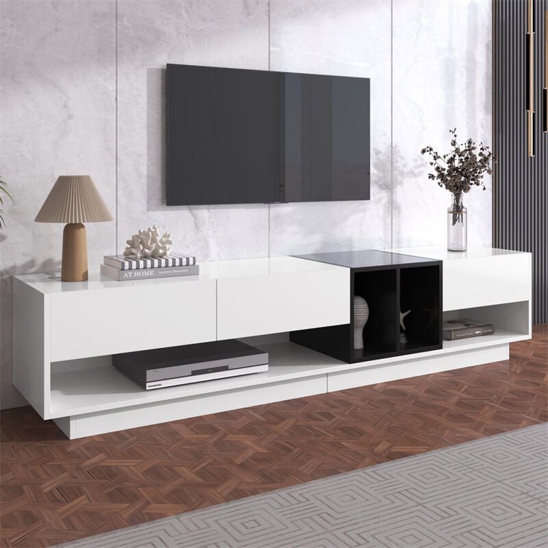 Meuble tv 190x40x42cm, 3 tiroirs, 2 compartiments, Design bloquant les couleurs en blanc brillant et noir