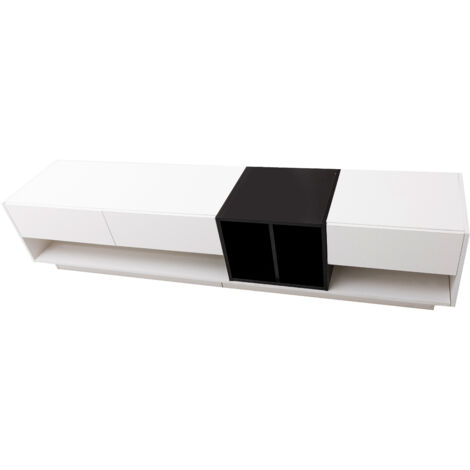 Meuble TV 190x40x42cm, brillant, tiroirs, compartiments, espace de rangement, moderne, blanc+noir