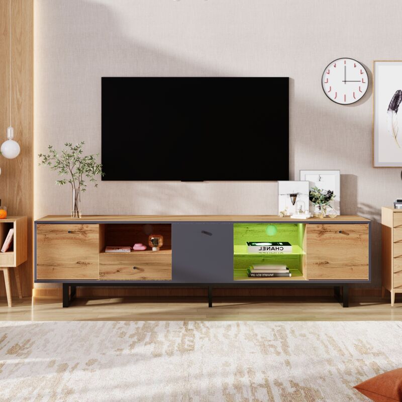 Meuble TV 190x40x50cm avec éclairage LED et étagères en verre, avec 1 tiroir et 3 portes, design bicolore, meuble tv du salon Scandinave, aspect bois