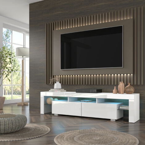 Meuble TV 190x45hx35 Cm Blanc mat avec led intégré et 2 compartiments