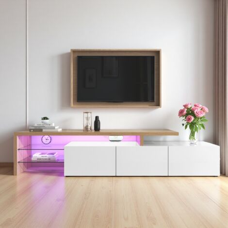 Meuble TV 197 cm avec rangement – banc tv avec 3 portes, , finition laquée blanche, 2 étagères en verre, éclairage LED