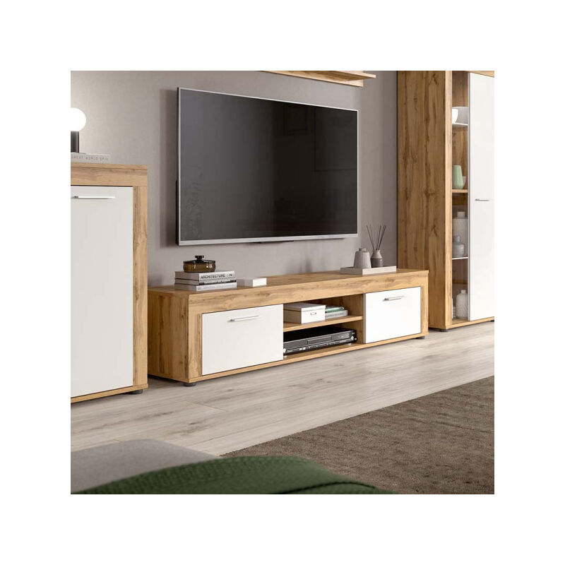 Meuble tv 2 abattants 2 niches Blanc/Bois - maj - Dimensions : l 160 x l 37 x h 40 cm