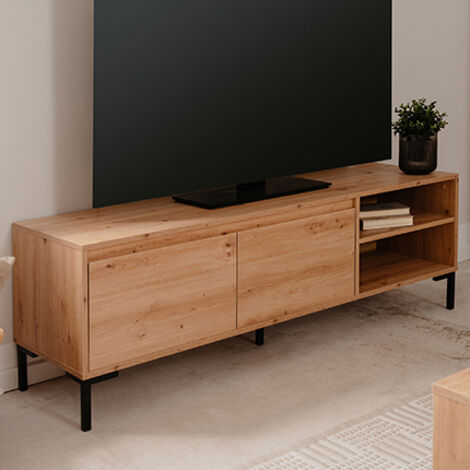Meuble TV 2 abattants 2 niches L150 cm – Décor chêne artisan – Panneaux MDF mélaminés – Rangement pratique pour téléviseurs