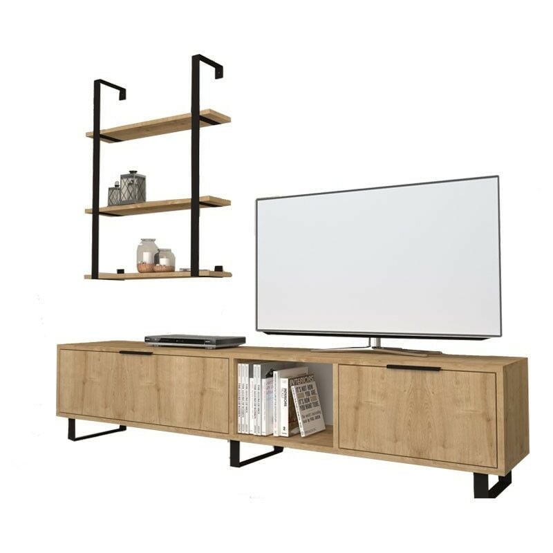 Iperbriko - Meuble tv 2 abattants avec bibliothèque 3 étagères en chêne 180x35xh.40 cm