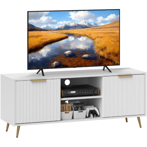 Meuble TV, 2 compartiments ouverts et 2 portes, pour écran 55 pouces, 120x35x48 cm, blanc