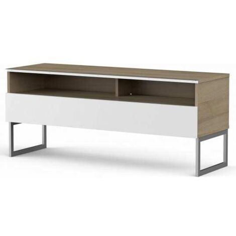 Meuble TV 2 niches 1 porte bois clair et blanc Messina 120cm
