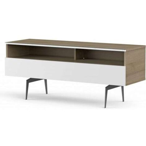 Meuble TV 2 niches 1 porte bois clair et blanc pieds métal Fremantle 120 cm