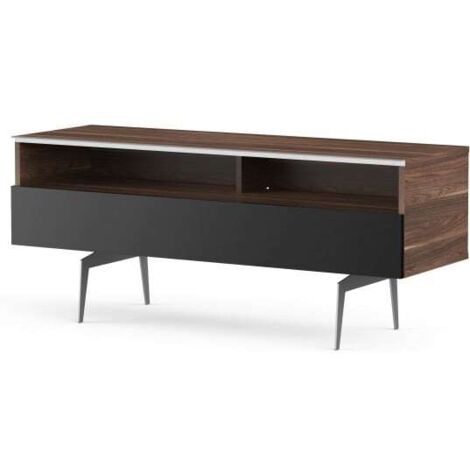 Meuble TV 2 niches 1 porte bois foncé et noir pieds métal Esperance 120 cm